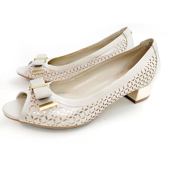 DANA BUCHMAN SHELLEY ICE PEEP TOE PUMP IN IVORY AND GOLD 7.5 M - Picture 4 of 12